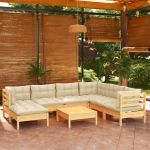 8 Peças Conjunto Lounge Jardim com Almofadões Creme Pinho Maciço - 3096653