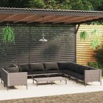 10 Peças Conjunto Lounge Jardim com Almofadões Vime Pe Cinza-escuro - 3099897