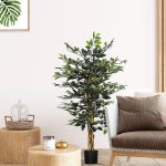 HomCom Ficus Artificial com Troncos Planta Artificial com Vaso e 702 Folhas Realistas para Ø15x130 cm Verde