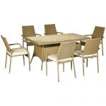 Outsunny Conjunto de Móveis de Vime Pe Conjunto de Refeição 7 Peças Mesa com Tampa de Vidro e 6 Cadeiras Empilháveis Areia e Bege