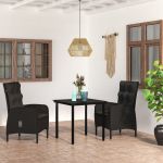 3 Peças Conjunto de Jantar para Jardim com Almofadões Preto - 3099353