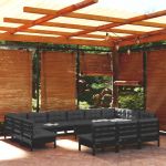 14 Peças Conjunto Lounge Jardim com Almofadões Pinho Maciço Preto - 3097245