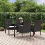 5 Peças Conjunto de Jantar para Jardim com Almofadões Vime Pe Preto - 3156766