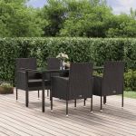 5 Peças Conjunto de Jantar para Jardim com Almofadões Vime Pe Preto - 3156774