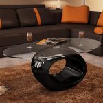 Mesa de Centro com Tampo Oval de Vidro, Preto Brilhante - 240319