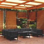 10 Peças Conjunto Lounge de Jardim com Almofadões Pinho Preto - 3097329