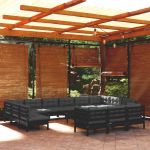 14 Peças Conjunto Lounge de Jardim com Almofadões Pinho Preto - 3097293