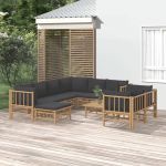 10 Peças Conjunto Lounge de Jardim Bambu com Almofadões Cinza-escuros - 3155224