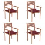 Cadeiras de Jardim com Almofadões Vermelho Tinto 4 Peças Teca Maciça - 3062298