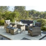 Mylia Conjunto de Jardim em Resina Entrançada Cinzento, 1 Sofá de 3 Lugares, 2 Cadeirões, 2 Puffs e 1 Mesa Lontra