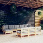 10 Peças Conjunto Lounge de Jardim com Almofadões Cinzentos Pinho - 3097114