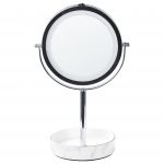 Beliani Espelho de Maquilhagem Metal Branco e Prateado Base Cerâmica ø 26 cm com Luz led Ampliação 1x/5x Dupla Face 15x20x34 - 4255664811462