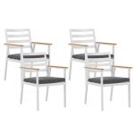 Beliani Conjunto de 4 Cadeiras de Jardim em Metal Branco e Almofadas Cinzentas Escuras Acabamento em Tinta de Pó 60x54x82 - 4251682247054