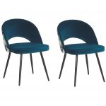 Beliani Conjunto de 2 Cadeiras Estofadas em Veludo de Poliéster Azul Pés Pretos e Costas Exteriores Das Cadeiras com Padrão Floral 56x52x77 - 4251682243902
