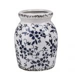 Beliani Vaso de Cerâmica Grés Branca e Azul Marinho Impermeável Efeito de Vidrado Estalado Padrão Floral 14x14x18 - 4251682267915