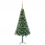vidaXL Árvore Natal Artif. Canto com Luzes Led/bolas 180 cm Pvc Verde - 3077944