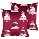 Beliani Conjunto de 2 Almofadas Decorativas com Padrão de Árvore de Natal em Veludo Vermelho 45 X 45 cm Capas Removíveis para Sala Ou Quarto 45x45x14 - 4255664838797