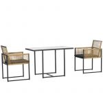 Outsunny Conjunto de 3 Peças de Jardim com 2 Cadeiras de Vime com Encosto Dobrável e Almofadas e Mesa de Vidro Natural e Preto - 863-134V00LR