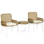 Outsunny Conjunto de Mesa e Cadeiras para Exterior Inclui 2 Cadeiras e 1 Mesa de Centro de Vime com Almofadas para Terraço Natural - 863-133V00LR