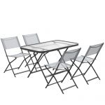 Outsunny Conjunto de Refeição Mesa e 4 Cadeiras Dobráveis com Mesa de Vidro Temperado Estilo Moderno para Varanda Pátio Cinza - 84G-259V00GY