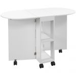 HomCom Mesa de Cozinha Dobrável com Rodas Laterais Rebatíveis e 2 Prateleiras Abertas Estilo Moderno 120x60x77 cm Branco