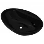 vidaXL Pia Cerâmica e Torneira/furo Transbordo Oval Preto - 2440811473