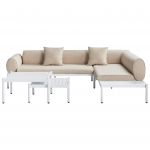 Beliani Conjunto de Sofá de Canto 5 Lugares para Jardim com Estrutura em Alumínio Branco Almofadas Creme com Mesa de Centro e Mesa Lateral