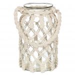 Beliani Lanterna de Vidro Esbranquiçado 28 cm Macramé com Alça de Corda Vela Única Estilo Boho