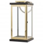 Beliani Lanterna de Madeira Preta e Metal Dourado Altura 41 cm Suporte de Vela de Coluna com Cabo de Corda