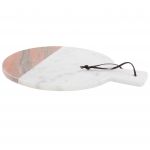 Beliani Bandeja Redonda Decorativa em Mármore Branco Feita à Mão com Alça em Pele Sintética 29 x 39 x 1 cm de Design Moderno