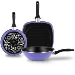 Magefesa Conjunto de Frigideira, Frigideira de Grelha e Wok de Indução 24 - 27 - 28 cm, Revestimento Antiaderente sem PFOA Roxa Very Peri - 1114842
