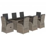 vidaXL 9 Peças Conjunto de Jantar para Jardim com Almofadões Vime Pe Cinza - 9308433