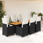 vidaXL 9 Peças Conjunto de Bistrô para Jardim com Almofadões Vime Pe Preto - 1049030997