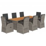 vidaXL 9 Peças Conjunto de Jantar para Jardim com Almofadões Vime Pe Cinza - 3316464638
