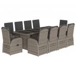 vidaXL 11 Peças Conjunto Jantar para Jardim com Almofadões Vime Pe Cinzento - 2005481863