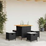 vidaXL 5 Peças Conjunto de Jantar para Jardim com Almofadões Vime Pe Preto - 1456346408