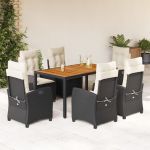 vidaXL 7 Peças Conjunto de Jantar para Jardim com Almofadões Vime Pe Preto - 1851313150