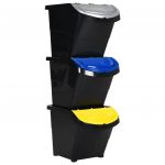 vidaXL Caixotes do Lixo com Tampa Empilháveis 3 Peças 78 L Pp Preto - 4106987313