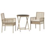vidaXL Conjunto de Bistro de Jardim 3 Peças com Almofadas Bege em Rattan Poliéster - 2916692111