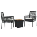 vidaXL Conjunto de Bistro de Jardim vidaXL com 3 Peças e Almofadas Preto em Rattan - 1153078714