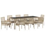 vidaXL Conjunto de Jantar de Jardim com 9 Peças e Almofadas Bege em Rattan Poliéster - 1542042360