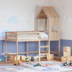 vidaXL Cama Alta com Escada e Telhado 90x190 cm Pinho Maciço - 1602450284