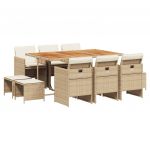 vidaXL 11 Peças Conjunto de Jantar para Jardim com Almofadões Vime Pe Bege - 3610965735