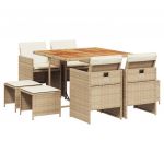 vidaXL 9 Peças Conjunto de Jantar para Jardim com Almofadões Vime Pe Bege - 539993738