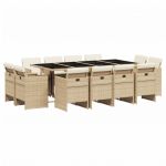 vidaXL 13 Peças Conjunto de Jantar para Jardim com Almofadões Vime Pe Bege - 26577335
