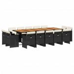 vidaXL 15 Peças Conjunto de Jantar P/jardim com Almofadões Vime Pe Preto - 2405196158