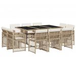 vidaXL 11 Peças Conjunto de Jantar para Jardim com Almofadões Vime Pe Bege - 1353432028