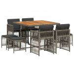 vidaXL 9 Peças Conjunto de Jantar para Jardim com Almofadões Vime Pe Cinza - 2487935748