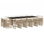 vidaXL 15 Peças Conjunto de Jantar para Jardim com Almofadões Vime Pe Bege - 1710234951