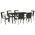 vidaXL Conjunto de Jantar de Jardim 7 Peças com Almofadas Preto Rattan Sintético - 3668495805
